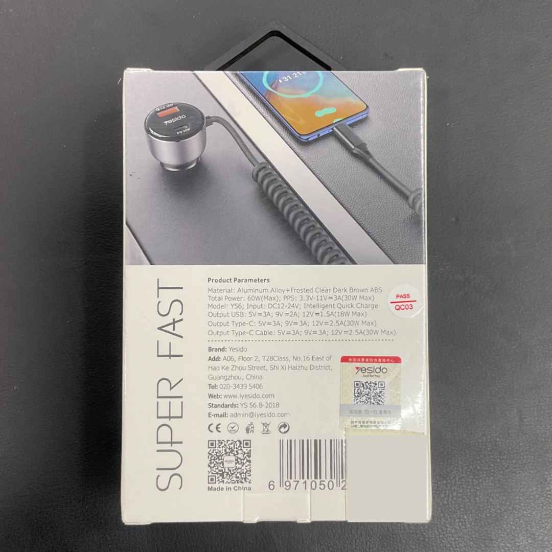 Yesido Y56 Super Fast Car Charger: USB-C 30W + USB-A QC3.0 18W, 60W Fast Charge