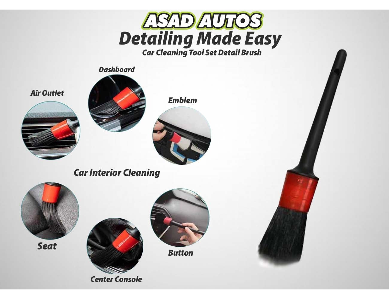 5pc Car Cleaning Tool Set with durable detail brushes for cleaning car interiors, exteriors, wheels, and crevices, ensuring a scratch-free and thorough clean.