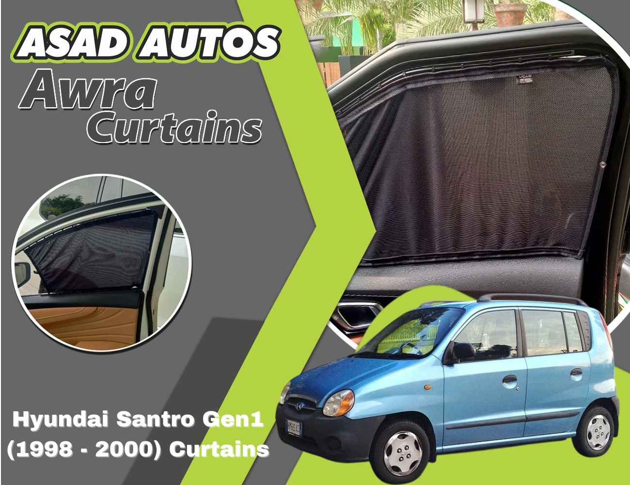 Awra Curtains For Hyundai Santro Gen1 (1998 - 2000) — Car Window Shades & Railing Curtains