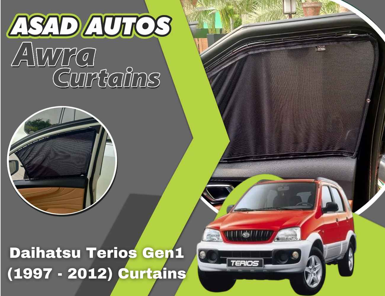 Awra Curtains For Daihatsu Terios Gen1 (1997 - 2012) — Car Window Shades & Railing Curtains