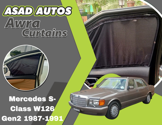"Awra Curtains for Mercedes S-Class W126 Gen2 (1987-1991) – Timeless Elegance with Custom Fit Privacy Shades and Sun Protection"