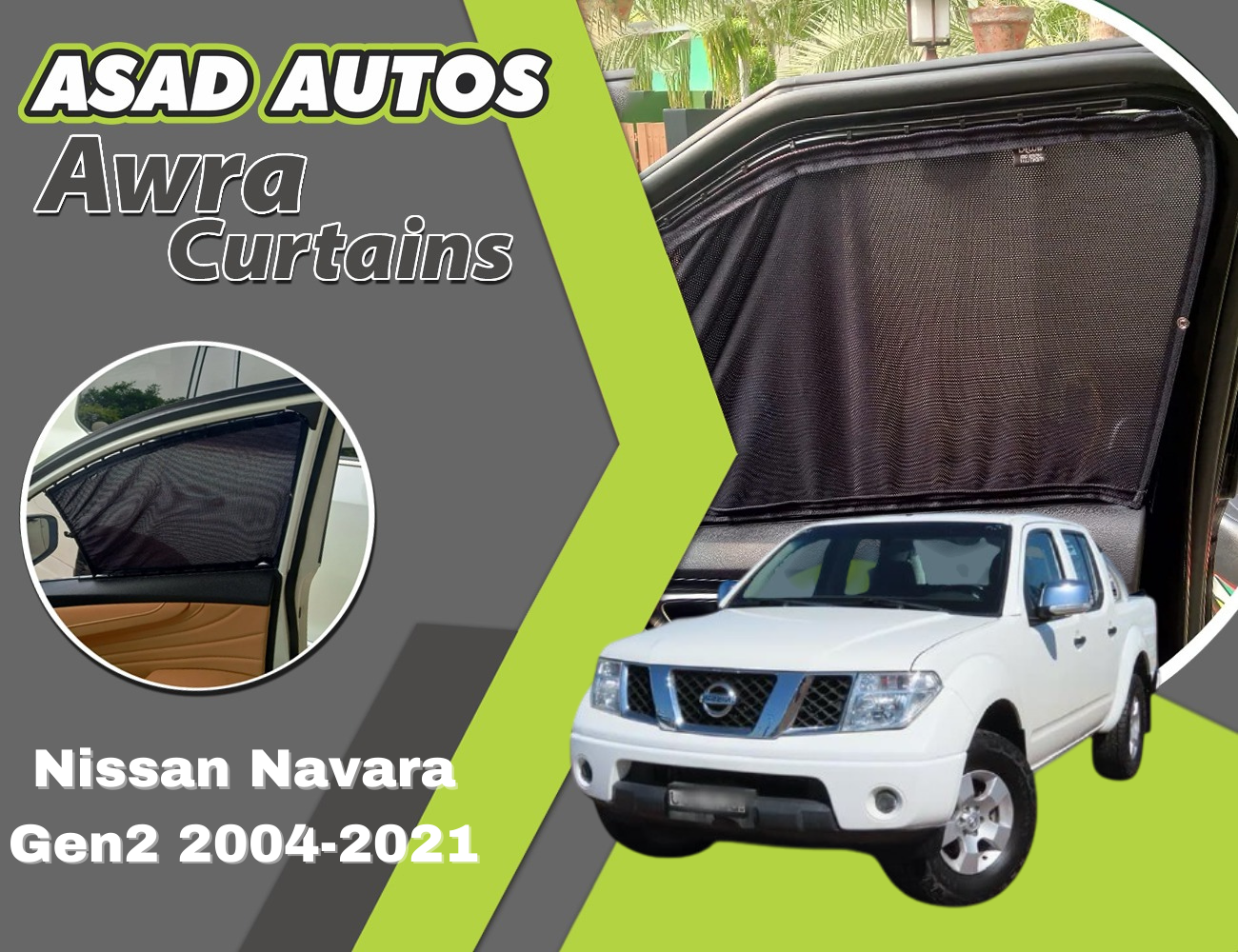 "Awra Curtains installed in Nissan Navara Gen2 (2004-2021) for privacy and sun protection"