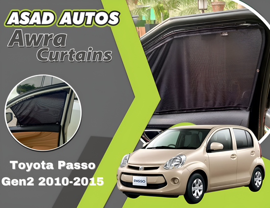 "Awra Curtains installed in Toyota Passo Gen2 (2010-2015) for privacy and sun protection"