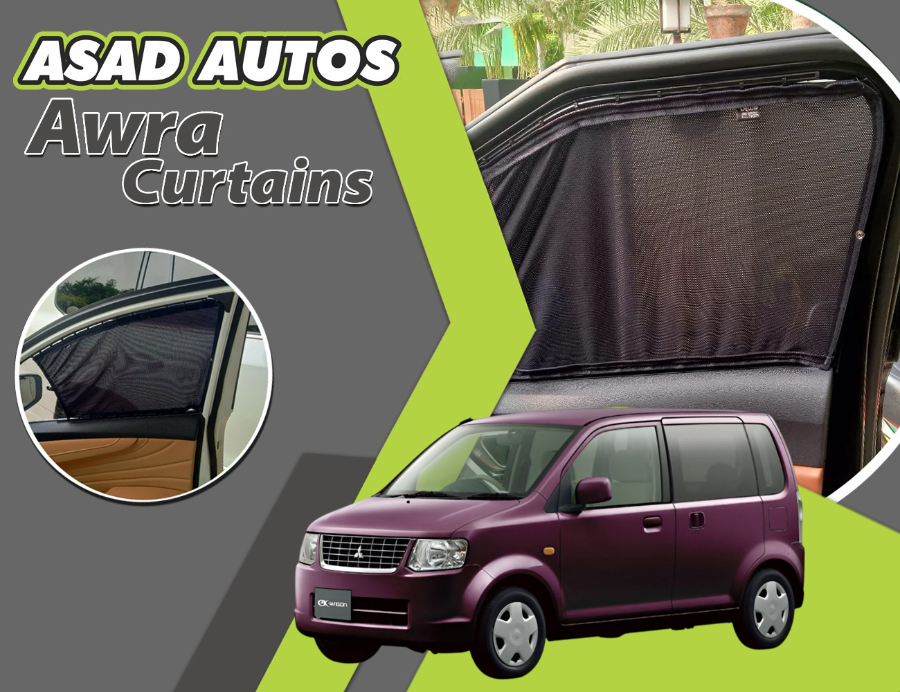 "Awra window curtains installed in Mitsubishi EK Wagon (2006-2013)"