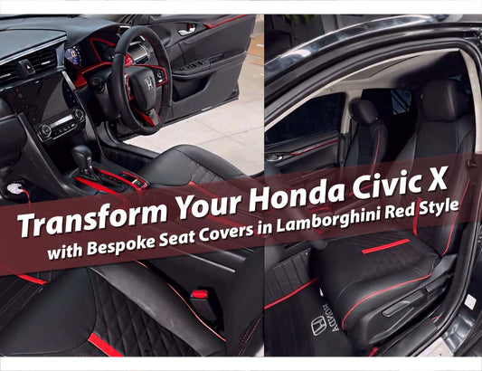 Bespoke Lamborghini Red Seat Covers for Honda Civic X (2016-2021) made from premium Japanese synthetic fabric for a luxurious and sporty interior upgrade.
