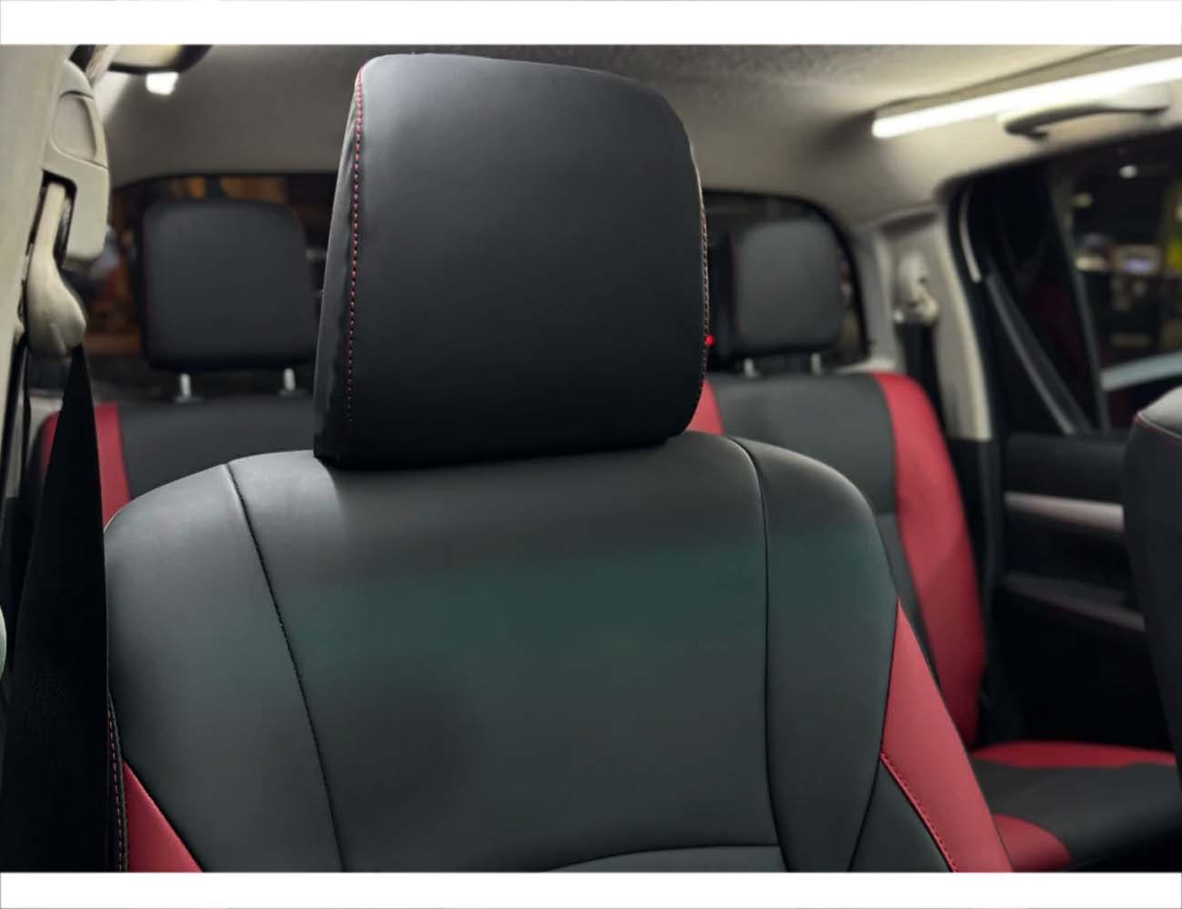 Bespoke car seat covers designed for Toyota Hilux Revo, offering custom fit, premium protection, and enhanced comfort for the vehicle's interior.