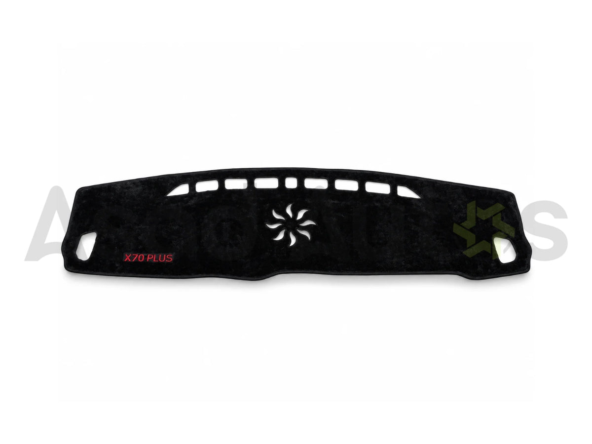 Black Jetour X70 Plus dashboard carpet mat with red lettering
