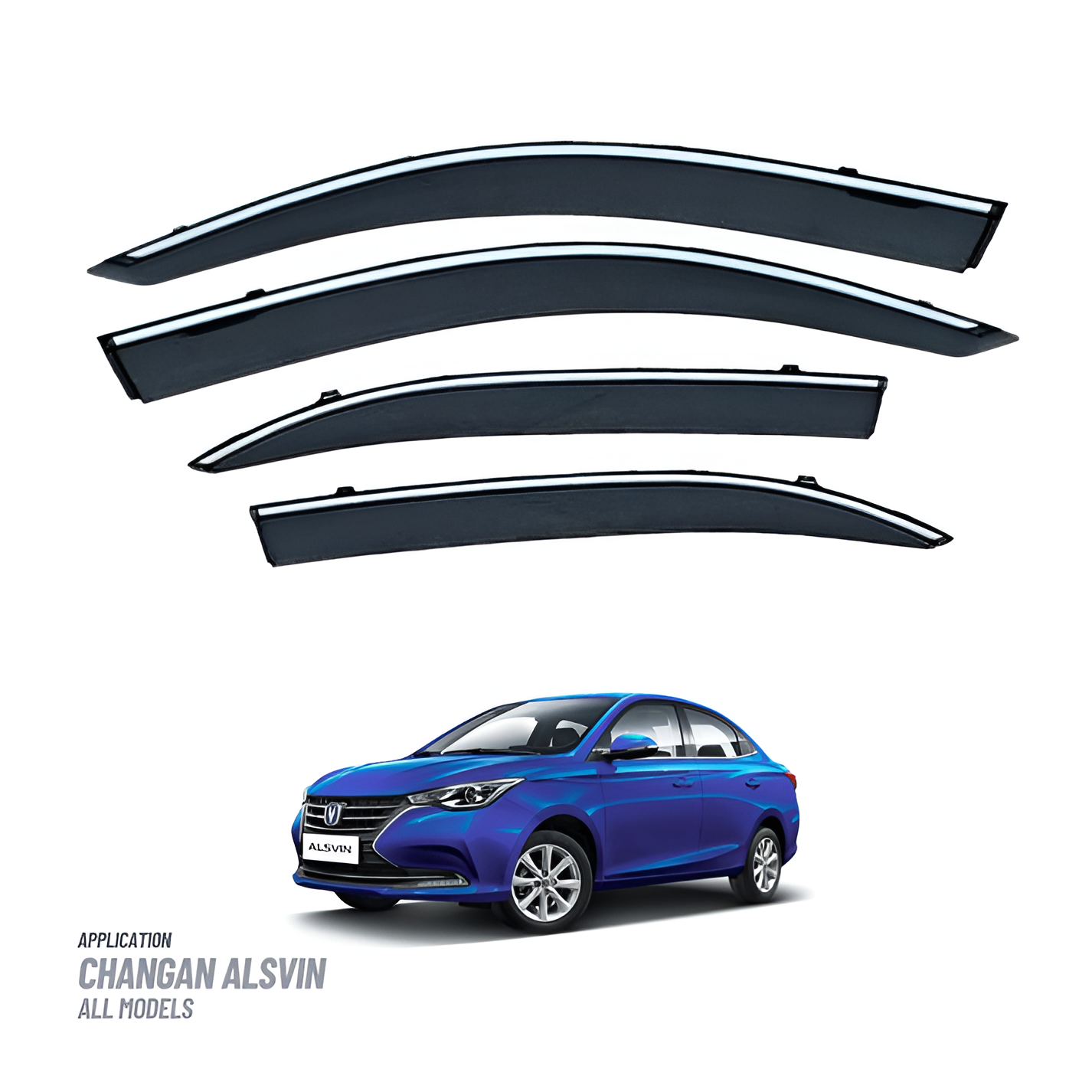 Black tinted door window visors with chrome finish for Changan Alsvin, offering weather protection and a stylish upgrade