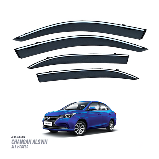Black tinted door window visors with chrome finish for Changan Alsvin, offering weather protection and a stylish upgrade