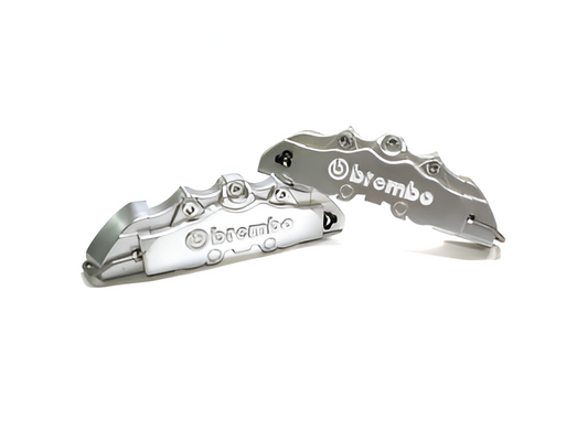 Brembo style silver car disc brake caliper cover, offering a polished look and durable protection for your vehicle’s brake system.
