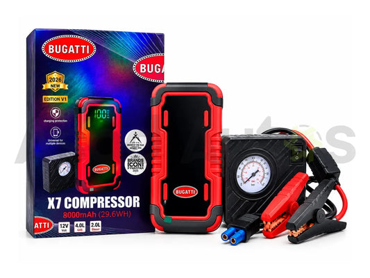 Bugatti X7 8000mAh multi function jump starter and air compressor with jumper clamps