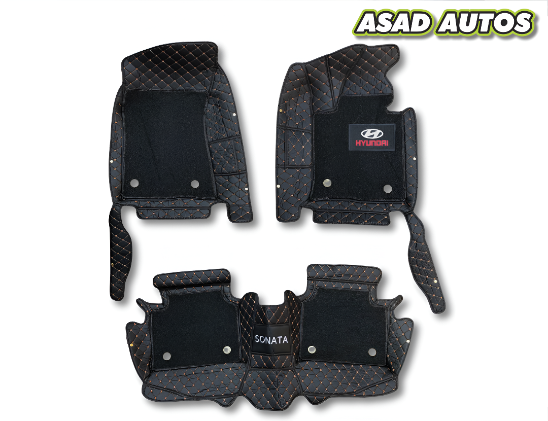11D Floor Mats For Hyundai Sonata 2021–2024 – Black Mix Thread With Black Grass Finish