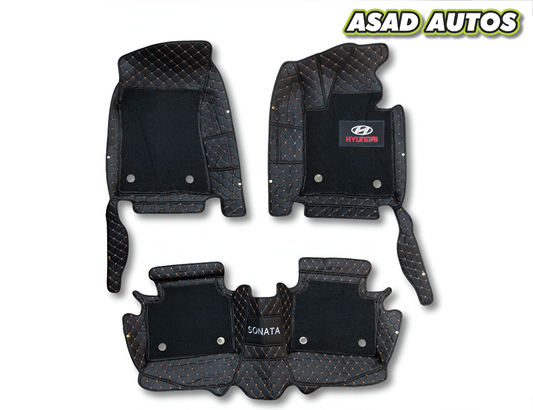 11D Floor Mats For Hyundai Sonata 2021–2024 – Black Mix Thread With Black Grass Finish