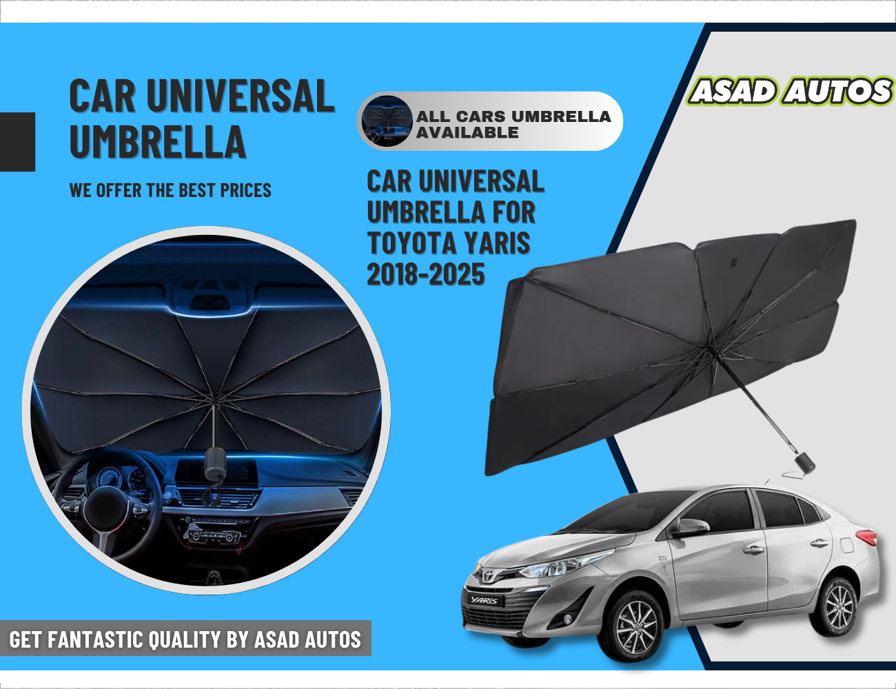 Car Umbrella Sun Shade for Toyota Yaris 2018–2025 – Foldable Windshield Heat & UV Protection Cover