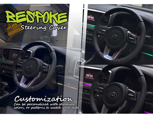 Carbon Fiber Bespoke Steering Cover for Kia Sportage, offering a premium fit and enhanced comfort, adding a sleek, sporty look to the vehicle's interior.