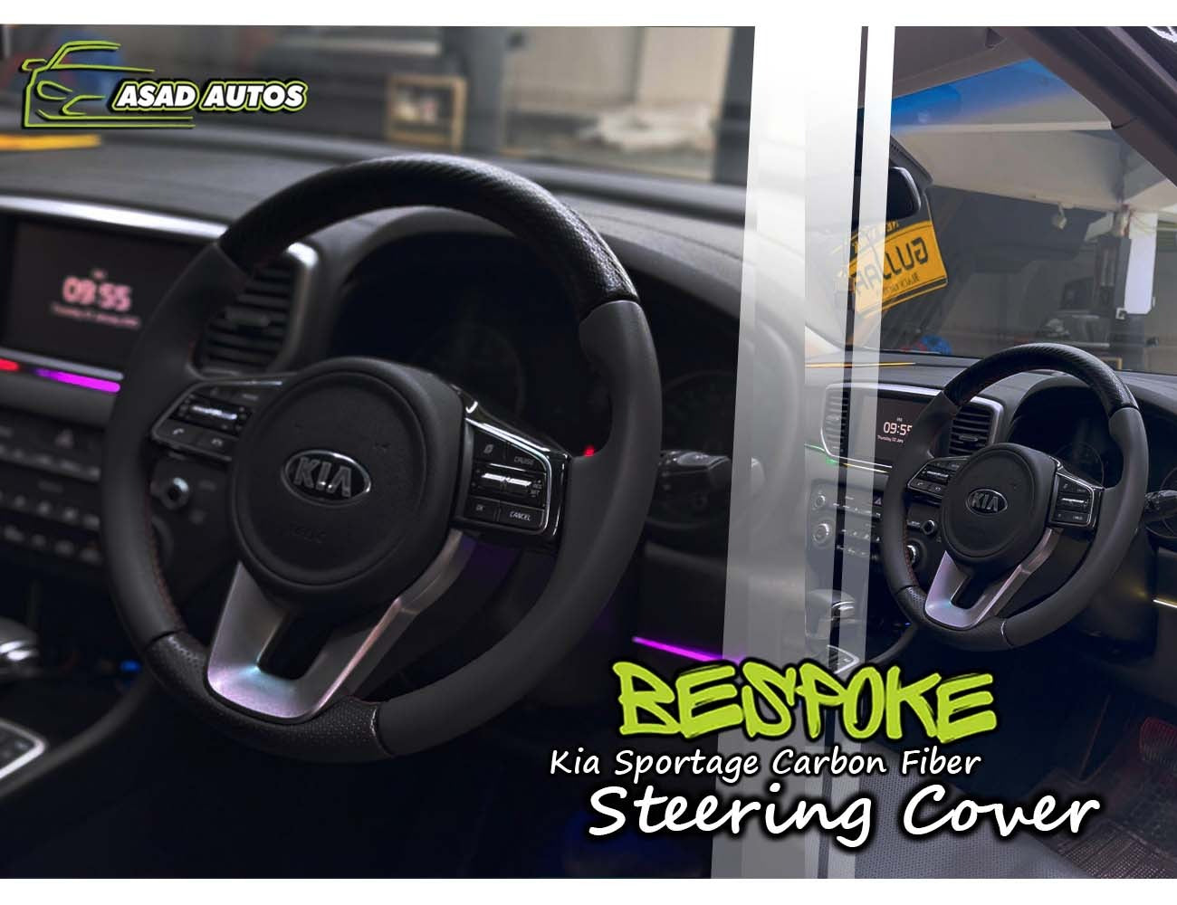 Carbon Fiber Bespoke Steering Cover for Kia Sportage, offering a premium fit and enhanced comfort, adding a sleek, sporty look to the vehicle's interior.
