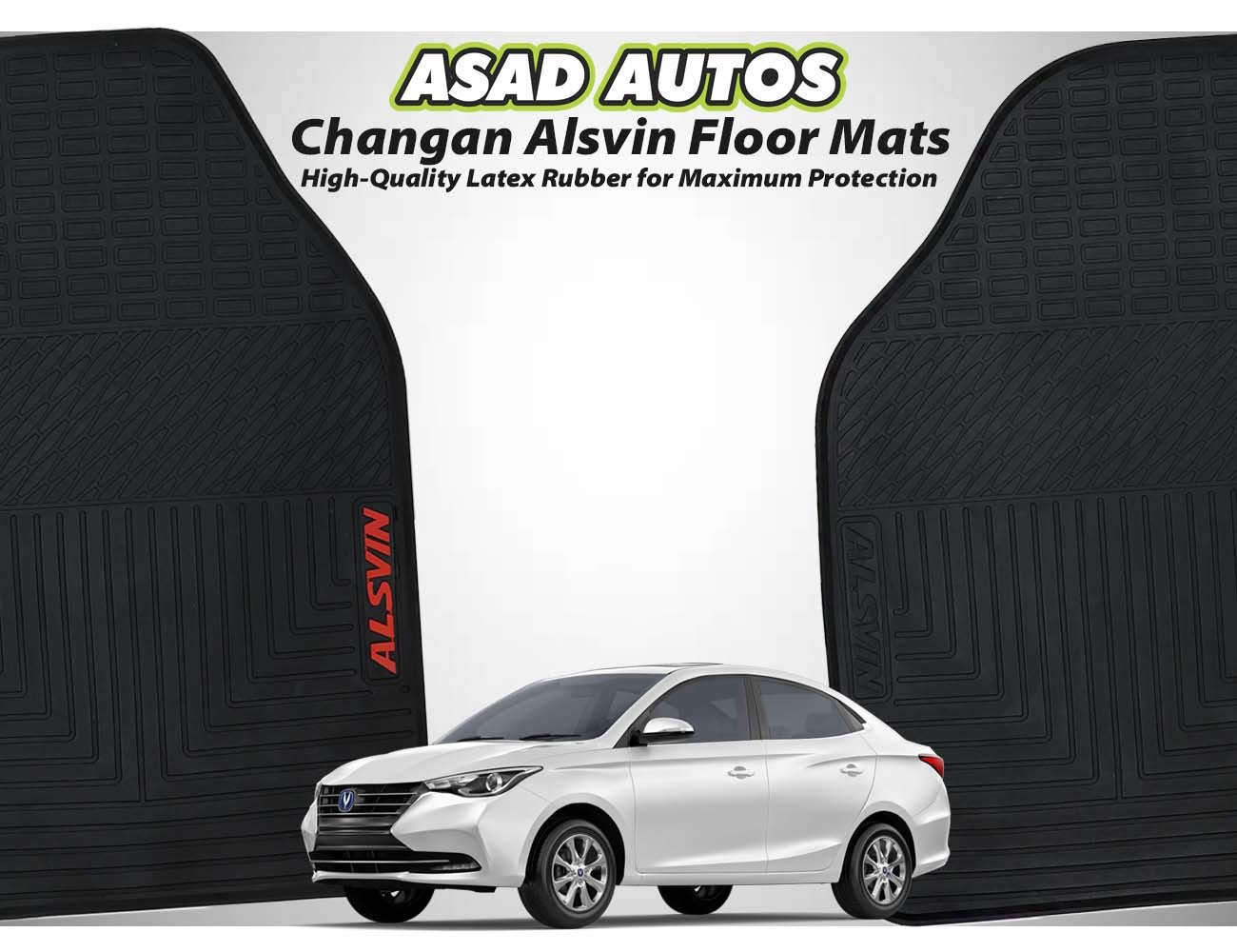 Changan Alsvin 2021-2024 latex rubber car floor mats, featuring a custom fit, waterproof design, all-weather protection, and a non-slip surface for maximum safety and durability.