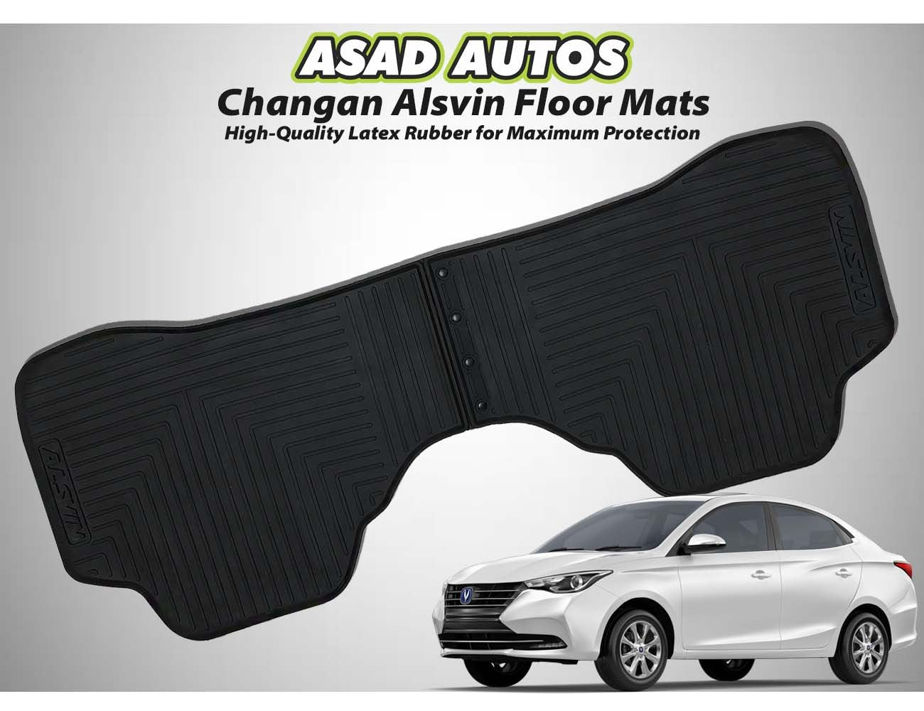 Changan Alsvin 2021-2024 latex rubber car floor mats, featuring a custom fit, waterproof design, all-weather protection, and a non-slip surface for maximum safety and durability.