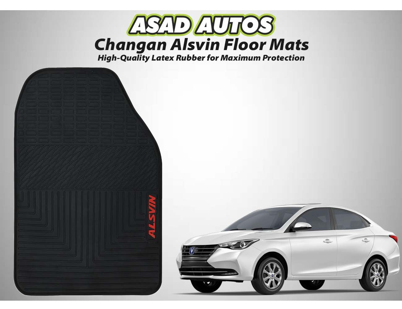 Changan Alsvin 2021-2024 latex rubber car floor mats, featuring a custom fit, waterproof design, all-weather protection, and a non-slip surface for maximum safety and durability.
