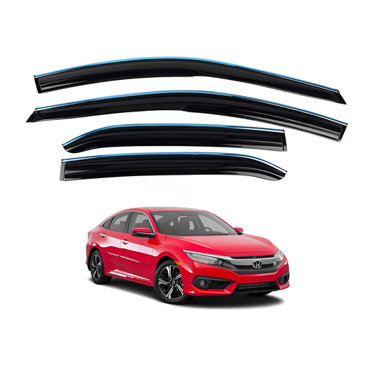 Chrome Air Press side window deflectors for Honda Civic 2016-2021, designed for rain and wind protection with a sleek, aerodynamic chrome finish.
