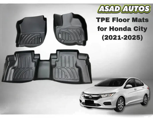 Custom-fit TPE floor mats for Honda City (2022-2026) with all-weather protection and eco-friendly material.