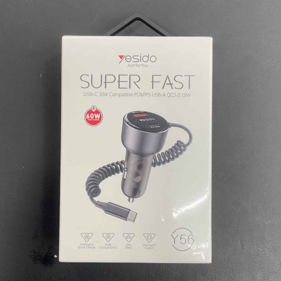 Yesido Y56 Super Fast Car Charger: USB-C 30W + USB-A QC3.0 18W, 60W Fast Charge