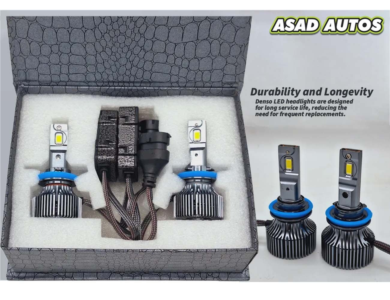 Denso LED Headlights featuring 500 watts output for ultra-bright, energy-efficient, and durable vehicle lighting solutions.