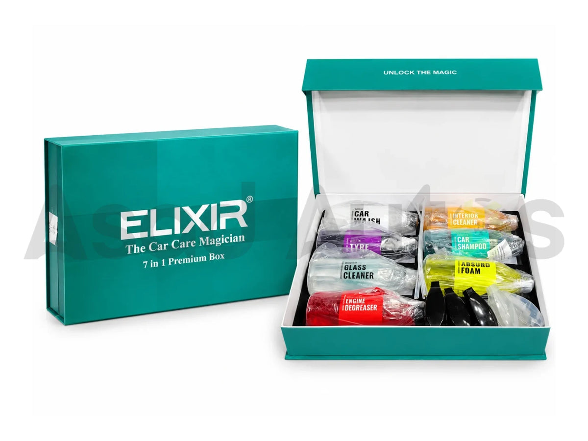 ELIXIR complete car cleaning set featuring car wash, shampoo and interior cleaner.