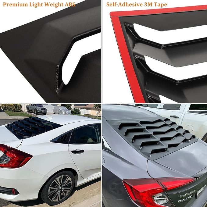 GT Lambo Style Rear Window Louver for Honda Civic Sedan 2016-2021 in matte black ABS, providing sun protection and enhancing the racing aesthetic.