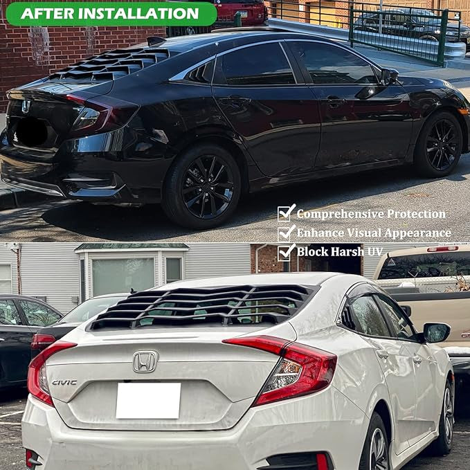GT Lambo Style Rear Window Louver for Honda Civic Sedan 2016-2021 in matte black ABS, providing sun protection and enhancing the racing aesthetic.