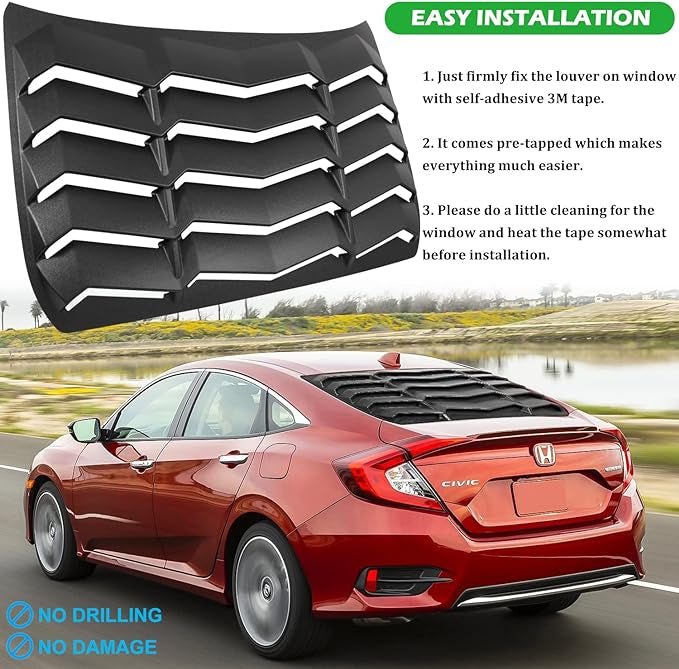 GT Lambo Style Rear Window Louver for Honda Civic Sedan 2016-2021 in matte black ABS, providing sun protection and enhancing the racing aesthetic.