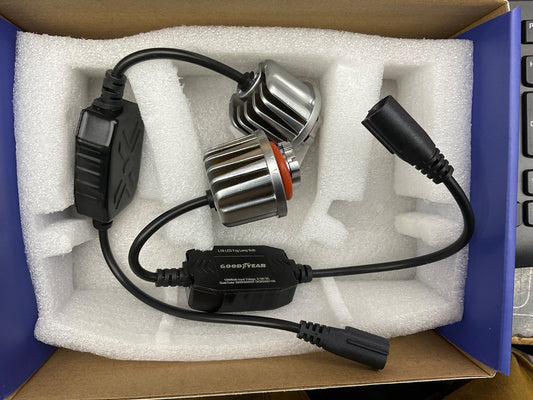 Goodyear plug-and-play LED fog lights with dual 6000K white and 3000K yellow modes for superior visibility in golden and bad weather conditions.