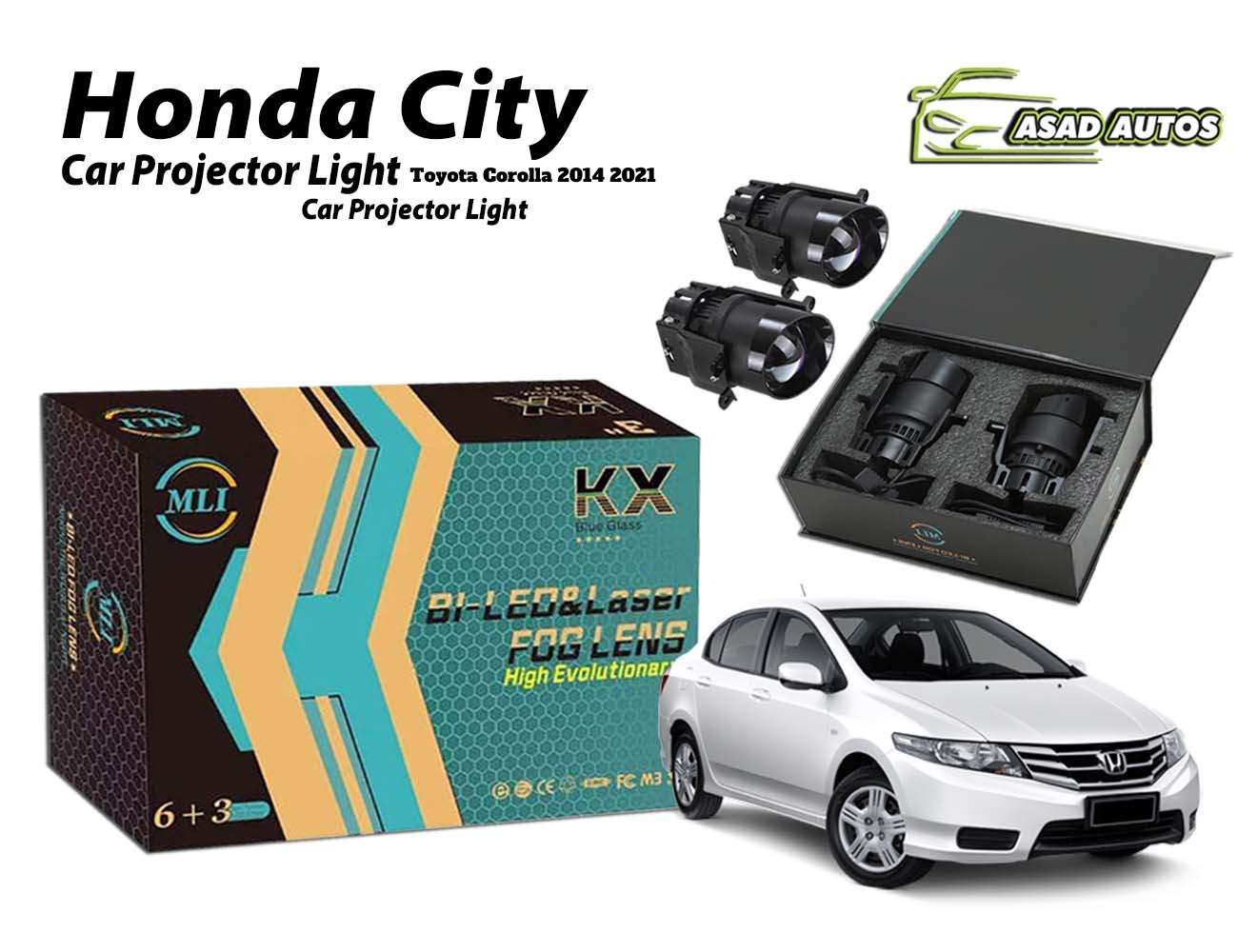 Honda City 2014-2021 MLI Car Projector Lights with BI LED Lens, designed for enhanced visibility and style.
