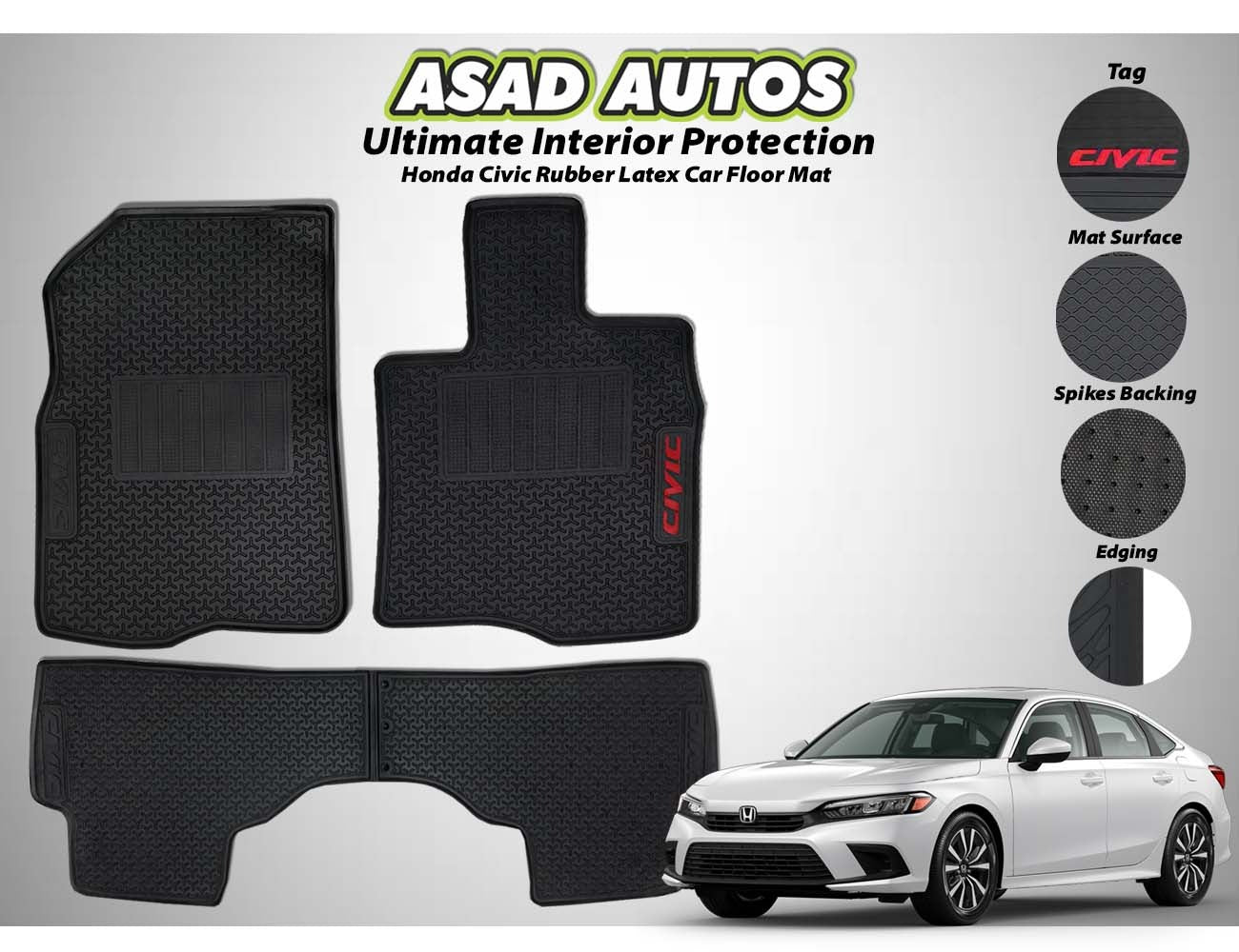 Honda Civic RS 2022-2024 rubber latex car floor mats, offering custom fit, durability, and all-weather protection to maintain a clean and stylish interior.
