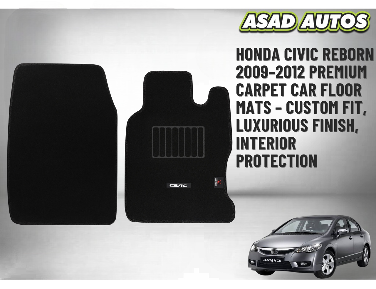 Honda Civic Reborn 2009–2012 Premium Carpet Car Floor Mats – Custom Fit, Luxurious Finish, Interior Protection