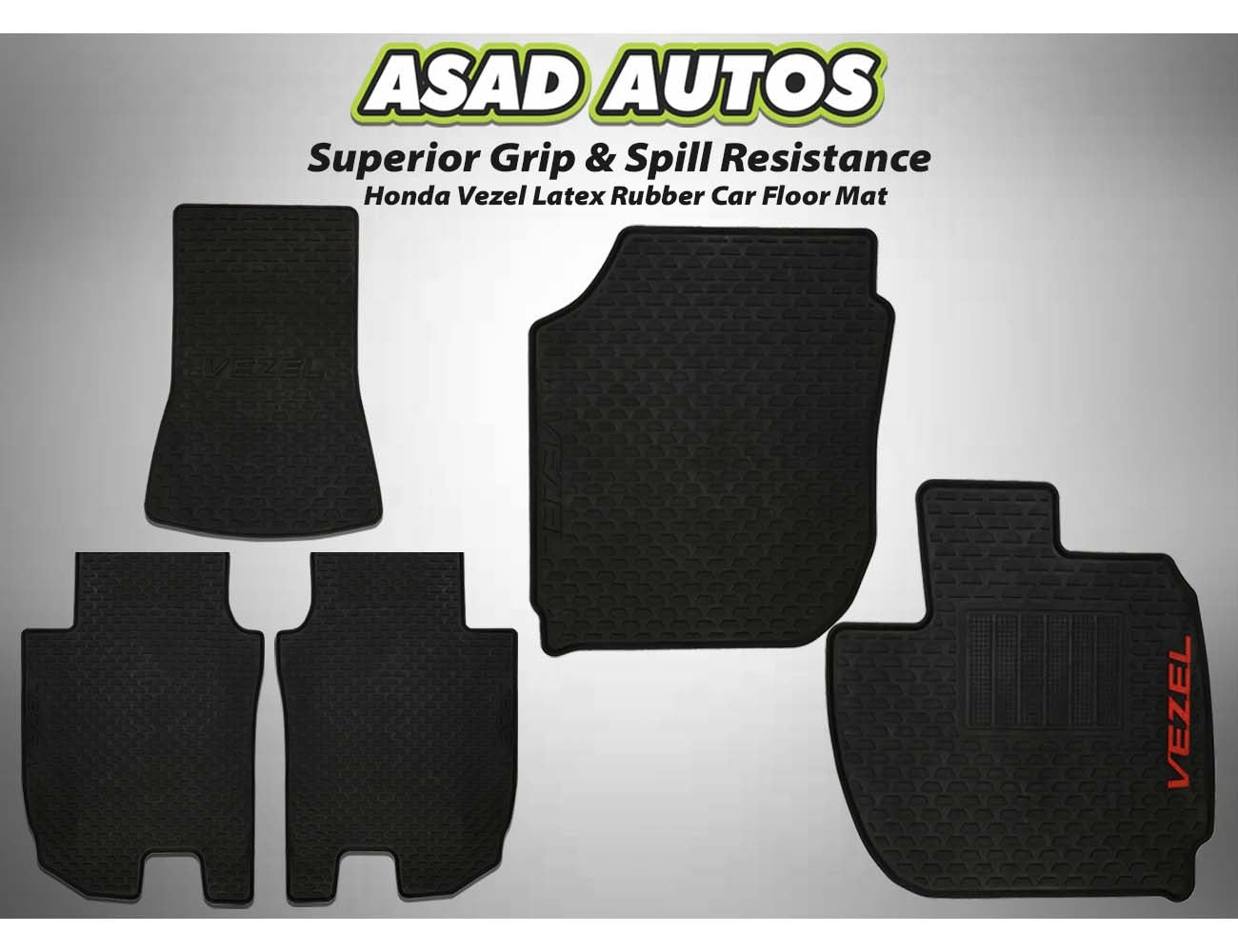 Honda Vezel 2014-2021 latex rubber car floor mats, offering a custom fit, all-weather protection, durability, and a non-slip surface for a clean and stylish interior.