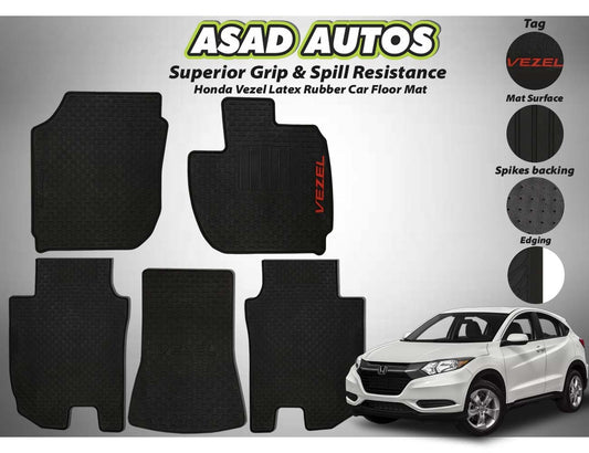 Honda Vezel 2014-2021 latex rubber car floor mats, offering a custom fit, all-weather protection, durability, and a non-slip surface for a clean and stylish interior.