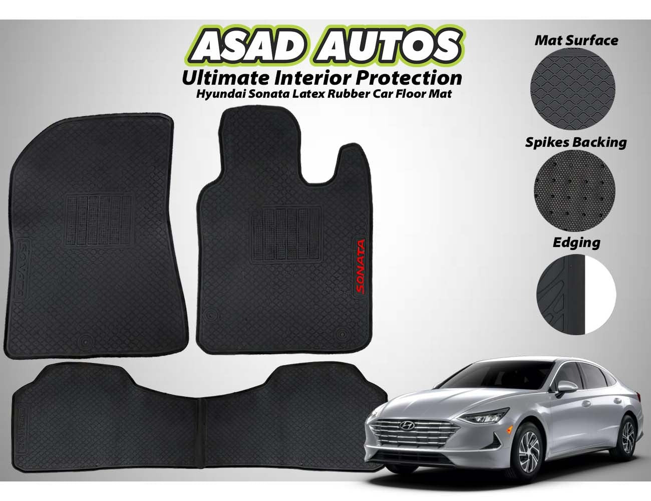 Hyundai Sonata 2021-present latex rubber car floor mats offering custom fit, durability, and all-weather protection for a clean and stylish car interior.