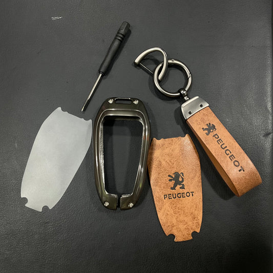 Premium Zinc Alloy Metal & Genuine Leather Key Cover for Peugeot