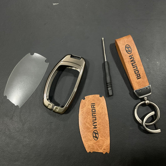 Premium Zinc Alloy Metal & Genuine Leather Key Cover for Hyundai Tucson or Elantra