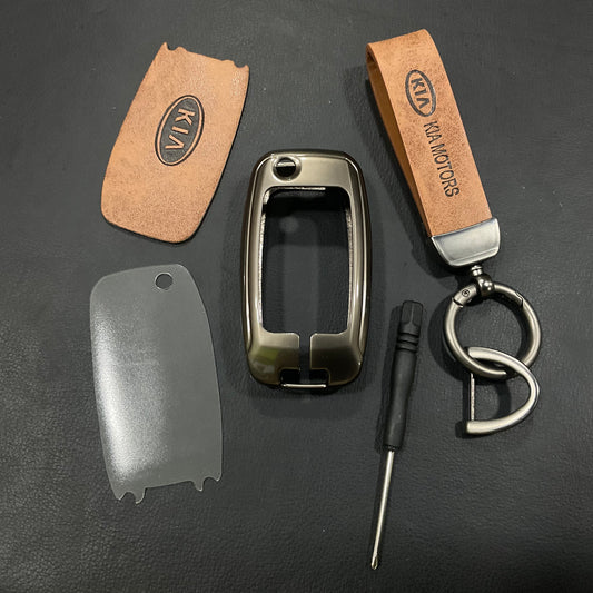 Premium Zinc Alloy Metal & Genuine Leather Key Cover for Kia Picanto