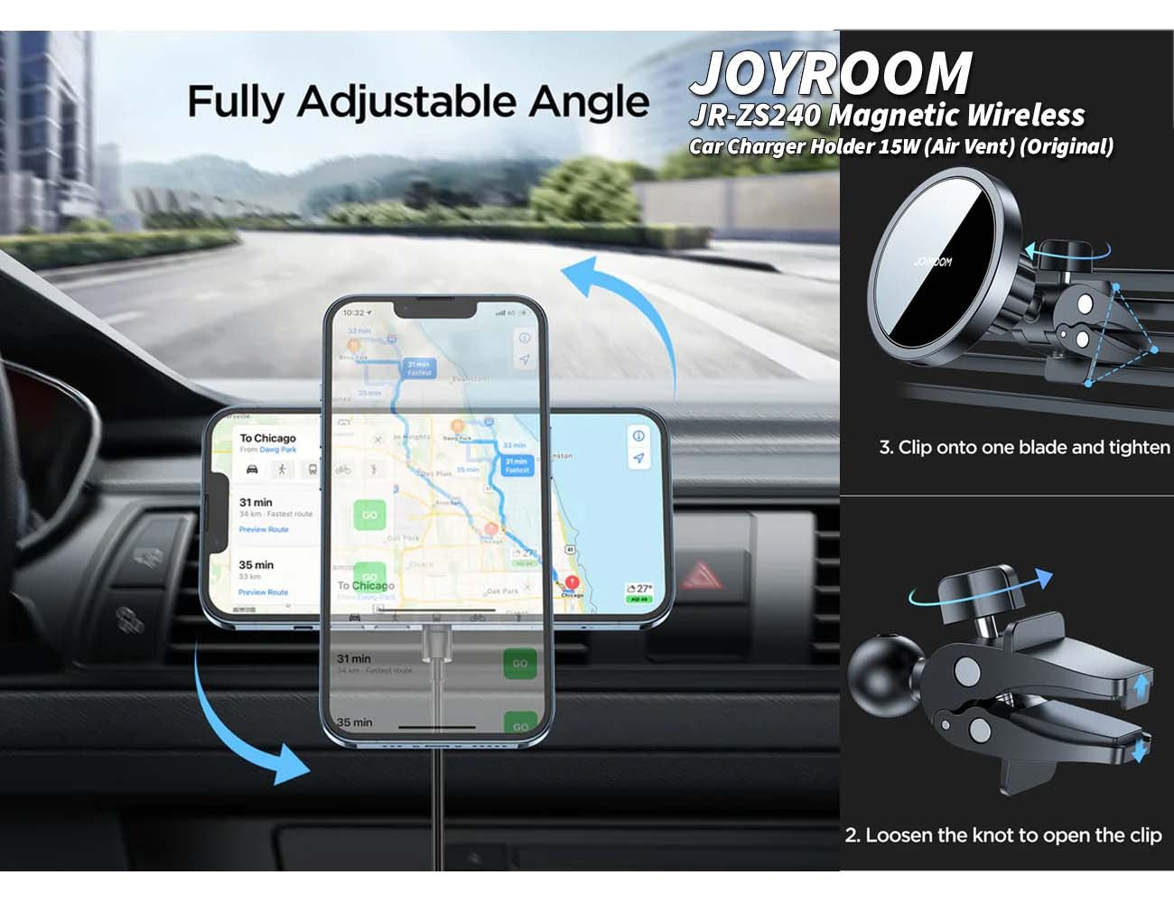 JOYROOM JR-ZS240 Magnetic Wireless Car Charger Holder 15W - Air Vent Mount for Fast Charging.