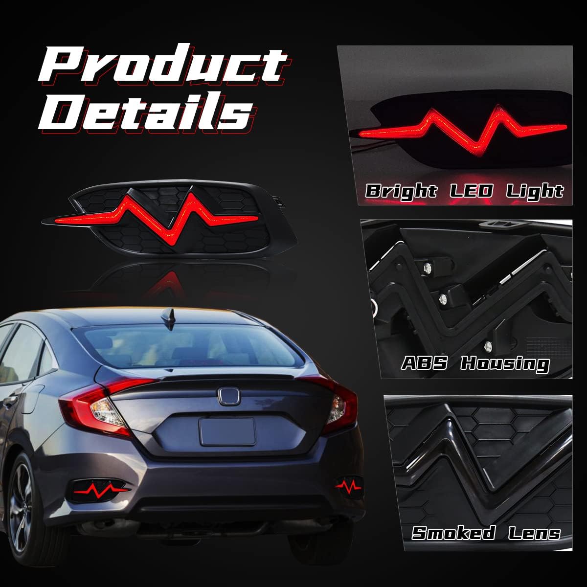 LED Reflector Lights in Heartbeat Style for 2016-2021 Honda Civic Rear Bumper, designed for improved visibility and modern style.