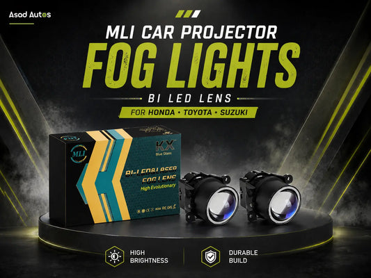 MLI Bi LED car projector fog lights product setup showing projector lens, rear housing, wiring, and components for automotive fog light upgrade