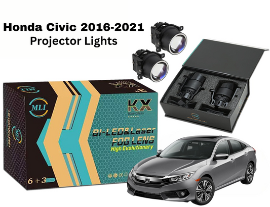 MLI Car Projector Fog Lights with BI LED lens for Honda Civic 2016-2021 Sedan, offering enhanced brightness and a sleek, modern design.