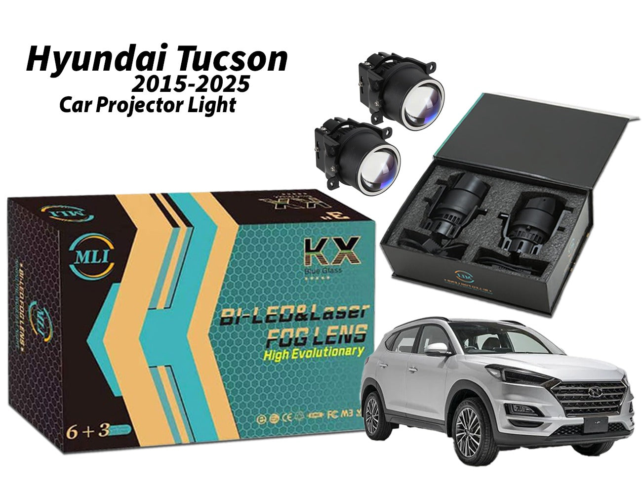 MLI Car Projector Lights BI LED Lens for Hyundai Tucson 2015-2025, offering superior brightness, focused beams, and a modern design for better night driving safety.