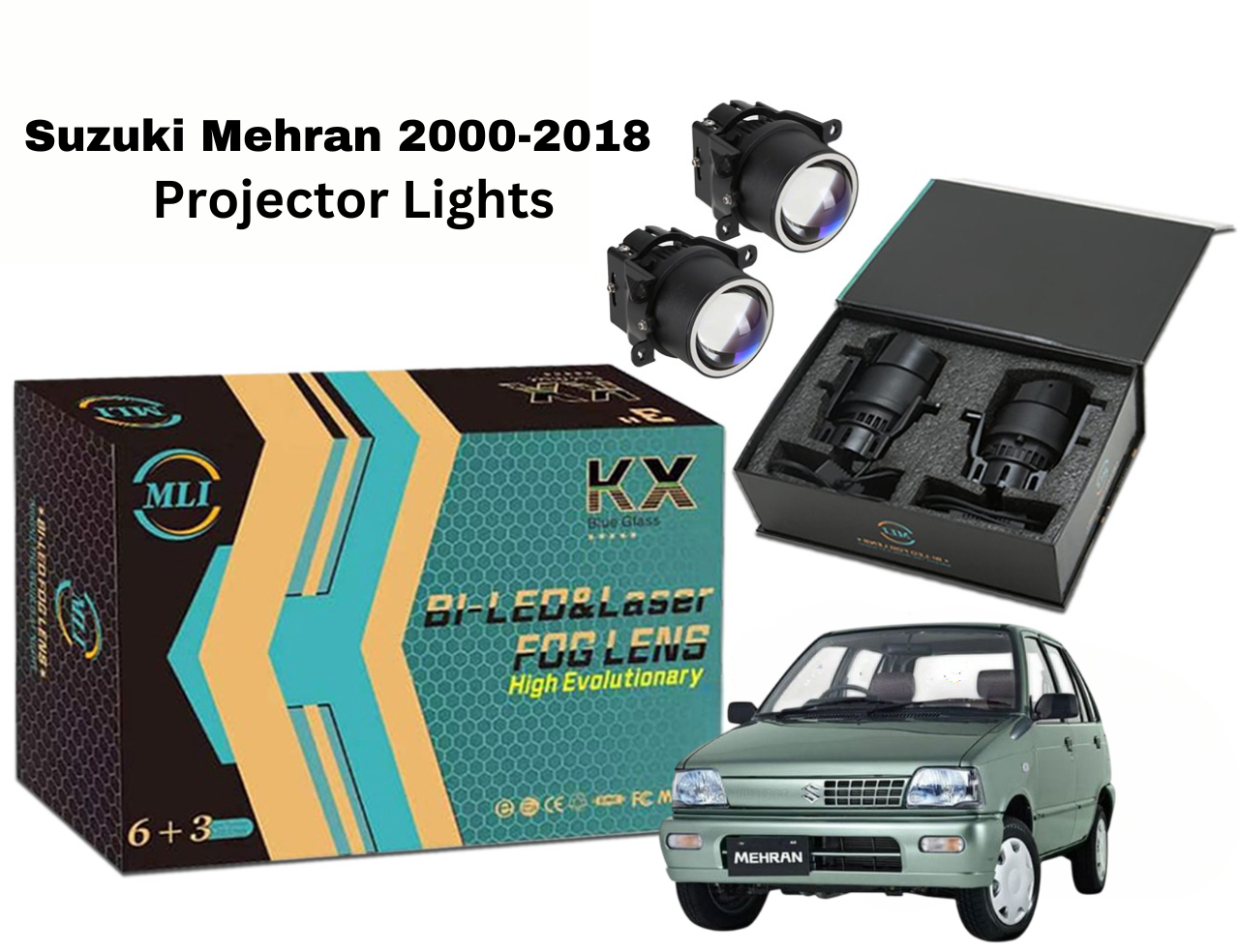 MLI Car Projector Lights with BI LED lens for Suzuki Mehran 2000-2018 Hatchback, providing improved visibility, energy efficiency, and a stylish, contemporary design.