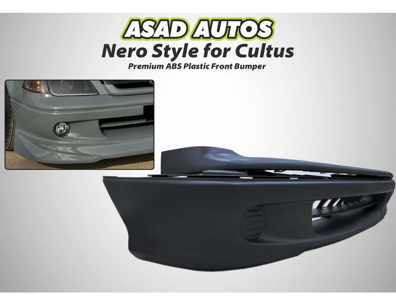 Nero Style Front & Back Bumper Set for Suzuki Cultus (2000-2017), made from durable ABS plastic for a sleek, modern look and enhanced vehicle protection.