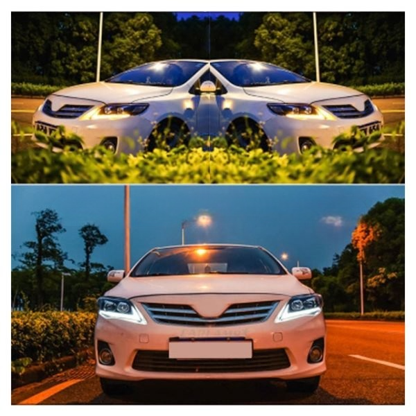 Nike Style Headlights for Toyota Corolla 2009-2013 with a sleek swoosh design, offering enhanced brightness and a modern sporty look.