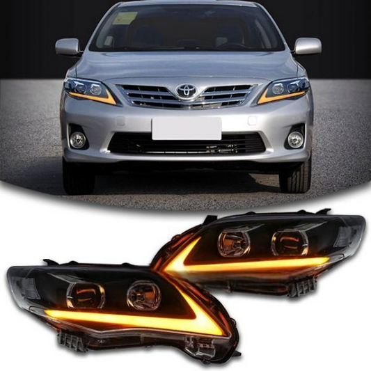 Nike Style Headlights for Toyota Corolla 2009-2013 with a sleek swoosh design, offering enhanced brightness and a modern sporty look.